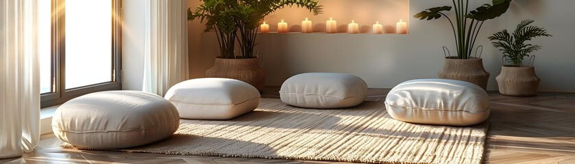 Poster - Peaceful Home Meditation Corner with Candles Cushions and Calming Decor for Health and Wellness