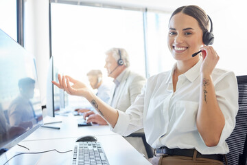 Wall Mural - Happy, headset and woman in call center office with telemarketing, consulting and help with smile. Conversation, customer service and helpful crm or tech support agent in online retail company.