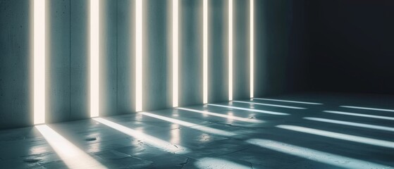 Wall Mural - A room with a wall of white lines and a floor of grey concrete