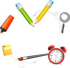 Canvas Print - Stationery Elements with Alarm Clock Decorated on Png Background and Copy Space, Back to School Concept.