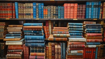 Wall Mural - Financial books and resources stacked neatly on a shelf, emphasizing continuous learning and education in finance.