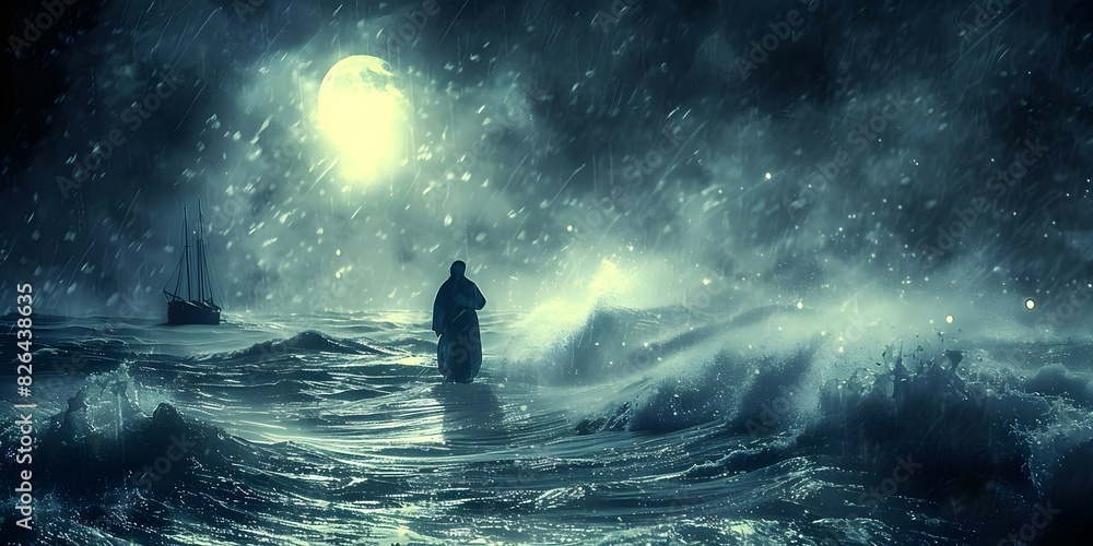 Religious figure walks on water at night towards a boat in storm ...