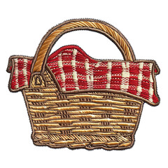 woven picnic basket embroidery patch with gingham pattern