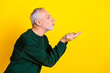 Sticker - Photo portrait of lovely pensioner man profile send air kiss dressed stylish green garment isolated on yellow color background