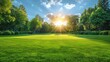 © ANEK - green manicured lawn, green grass field of golf course landscape in the morning sunrise.