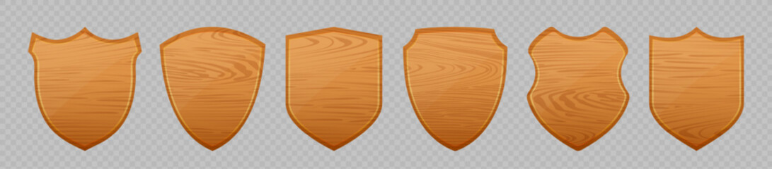 Wall Mural - Wooden Shield Set. Collection of shields in cartoon style. Game achievement emblem templates. Vector icons EPS 10
