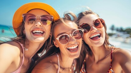 Wall Mural - beautiful young women having fun at beach on summer day joyful female friends enjoying vacation together