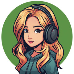 asian girl with blonde hair wearing headphones and glasses . Clipart PNG image . Transparent background . Cartoon vector style