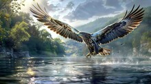   A Bird Soaring Above A Tranquil Body Of Water Against A Backdrop Of Trees