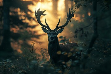 Sticker - Noble stag stands amidst a mystical forest glade, basked in the golden light of a setting sun