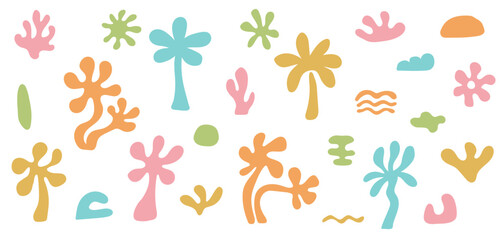 Set of groovy beach palm tree elements. Organic minimalistic coral shapes. Vector illustration background in trendy retro naive simple style.