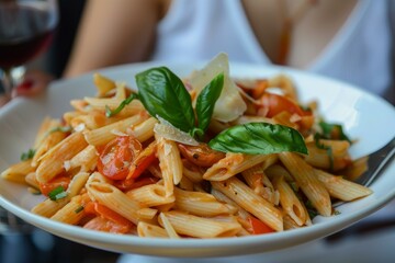 Sticker - Closeup view of a delicious penne pasta with cherry tomatoes, garnished with basil