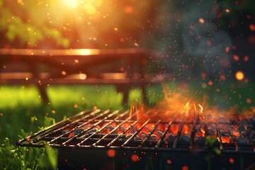 Wall Mural - A grill with coals on it and a bench in the background