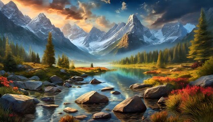 Poster - landscape with mountains and lake