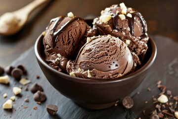 Wall Mural - Scoops of rich chocolate ice cream topped with chocolate sauce and nuts in a dark bowl