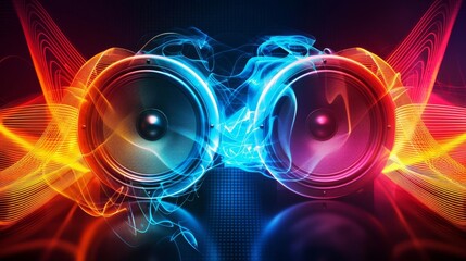Wall Mural - neon rhythm two speakers pulsating with sound waves abstract background