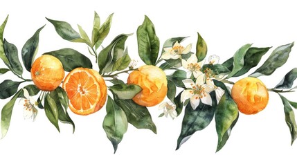 Botanical Art: Sunny Mandarin Watercolor Hand Painting with Isolated Foliage and Greenery
