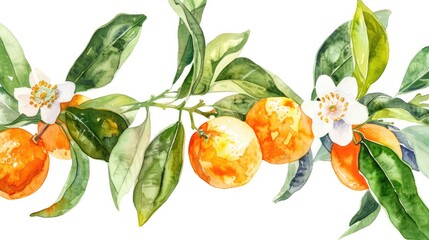 Botanical Art: Sunny Mandarin Watercolor Painting of Isolated Mandarin Orange with Green Foliage