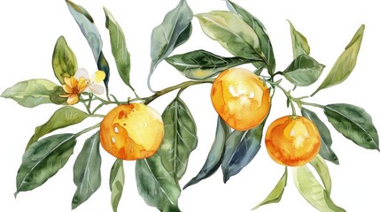 Botanical Art: Sunny Mandarin Watercolor Painting with Isolated Foliage and Yellow Flowers