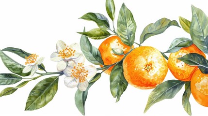 botanical art: sunny mandarin watercolor painting with isolated foliage and yellow mandarin orange
