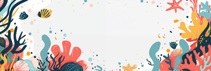 Wall Mural - Vibrant coral and seashell frame banner with starfish and seaweed, white background. Panoramic web header. Wide screen wallpaper with copy space