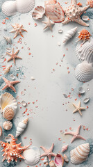 Wall Mural - Seashells and starfish frame on white sandy beach background