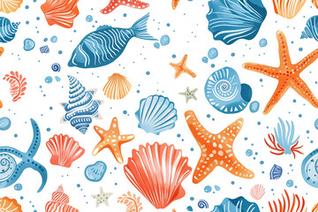 Wall Mural - Pattern with seashells, starfishes and other marine elements on white background