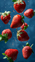 Poster - Extracting the essence of six strawberries, this image features some halved to show their juicy interiors. The vibrant, ripe fruit is captured in a fresh and detailed way, thanks to AI generative.