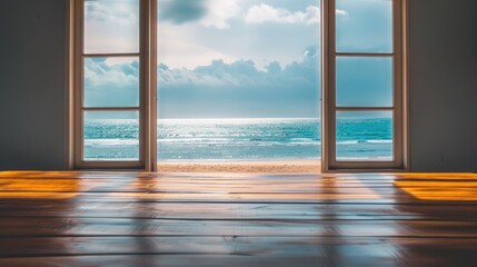 Wall Mural - an empty wooden table with overcast lighting, set against a backdrop of an open window revealing a sea view