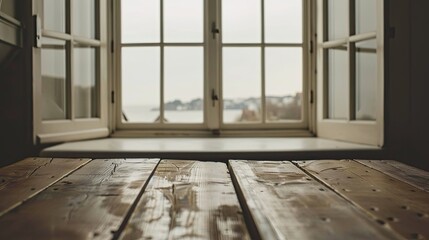 Wall Mural - an empty wooden table with overcast lighting, set against a backdrop of an open window revealing a sea view.