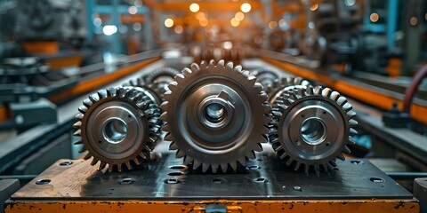 Wall Mural - Closeup of metal transmission gear on workbench at factory for mechanical repair. Concept Metal Transmission Gear, Workbench, Factory, Mechanical Repair, Closeup Shot