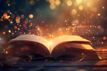 Wall Mural - Magic book with open pages and abstract bokeh background.