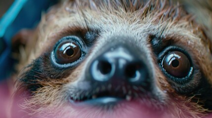 Wall Mural -   A close-up of a sloth's face with its tongue hanging out and wide-open eyes