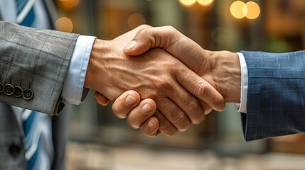 Business professionals shaking hands in agreement, sealing a successful deal or partnership in finance.