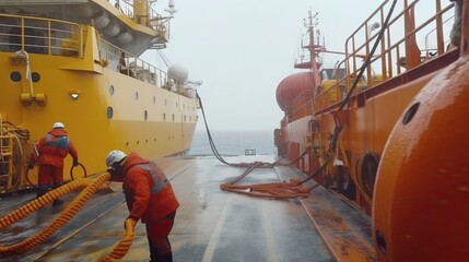 An image of a maritime refueling operation with workers in protective gear on a foggy day at sea