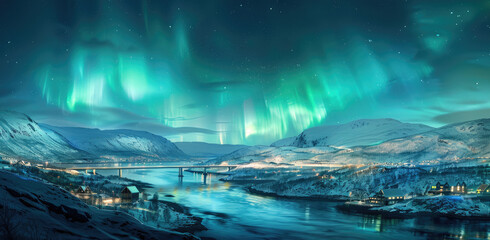 Wall Mural - A beautiful view of the Northern Lights over Norway's arctic landscape, with vibrant green and blue lights dancing in the sky above snowy mountains and an illuminated bridge crossing the water below
