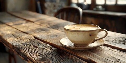 Wall Mural - Rustic Wooden Table with a Steaming Cup of Cafe in a Bowl Style Mug Capturing the Essence of a Charming French Bistro Atmosphere