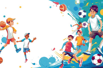 Wall Mural - Sports cartoon background design with sport players in different activities.