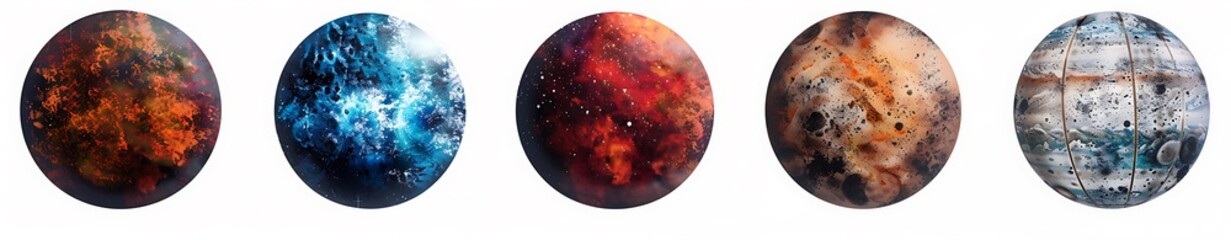 Vibrant planetary art style with a white background features five planets in different colors, each with unique textures and patterns, arranged side by side on the left side of an isolated canvas
