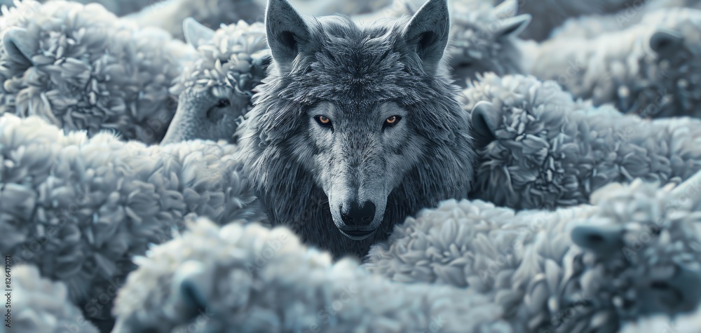 Artistic rendering of a wolf hiding among a flock of sheep, symbolizing ...