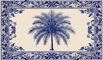 Decorative border surrounding palm tree illustration. Coloring book design suitable for everyone.