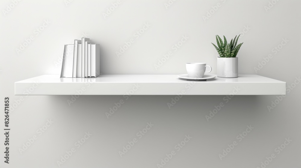 Minimalist white floating shelf with books, a plant, and a tea cup ...