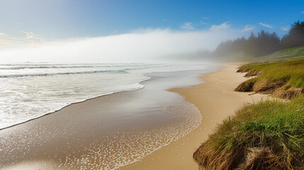 beach in the morning, Foggy beach with water washing onshore, bright