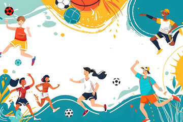 Wall Mural - Sports cartoon background design with sport players in different activities.