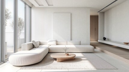 Wall Mural - A modern minimalist living room with clean lines, neutral colors, and sleek furniture. Featuring large windows for natural light and a simple, elegant aesthetic.