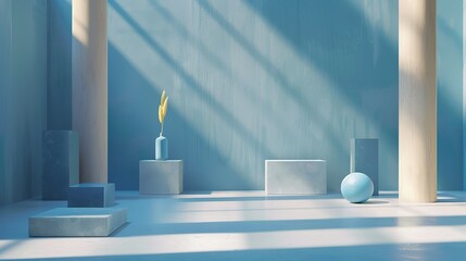 studio setting with pedestals in blue colours. Space full of sunlight