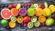 © lililia - fresh juices or smoothies arranged on a wooden desk, with assorted fruits placed nearby, creating an inviting scene of health and refreshment.