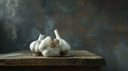 Garlic placed on a wooden surface against a dark backdrop