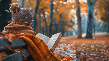 Autumn Leaves and Cozy Vibes: Capture a serene autumn scene with colorful falling leaves, a person wrapped in a cozy blanket reading a book on a park bench, emphasizing tranquility and the beauty of f