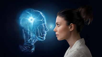 A woman talks to a computer, with artificial intelligence in the form of a hologram